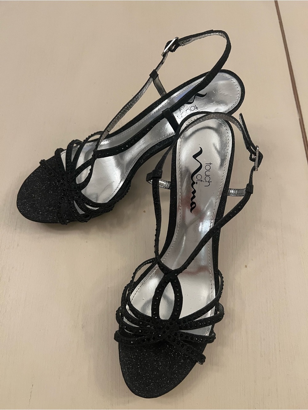 Touch of Nina “Vanesta” Black Strappy Glitter Slingback Heels Size 7 1/2